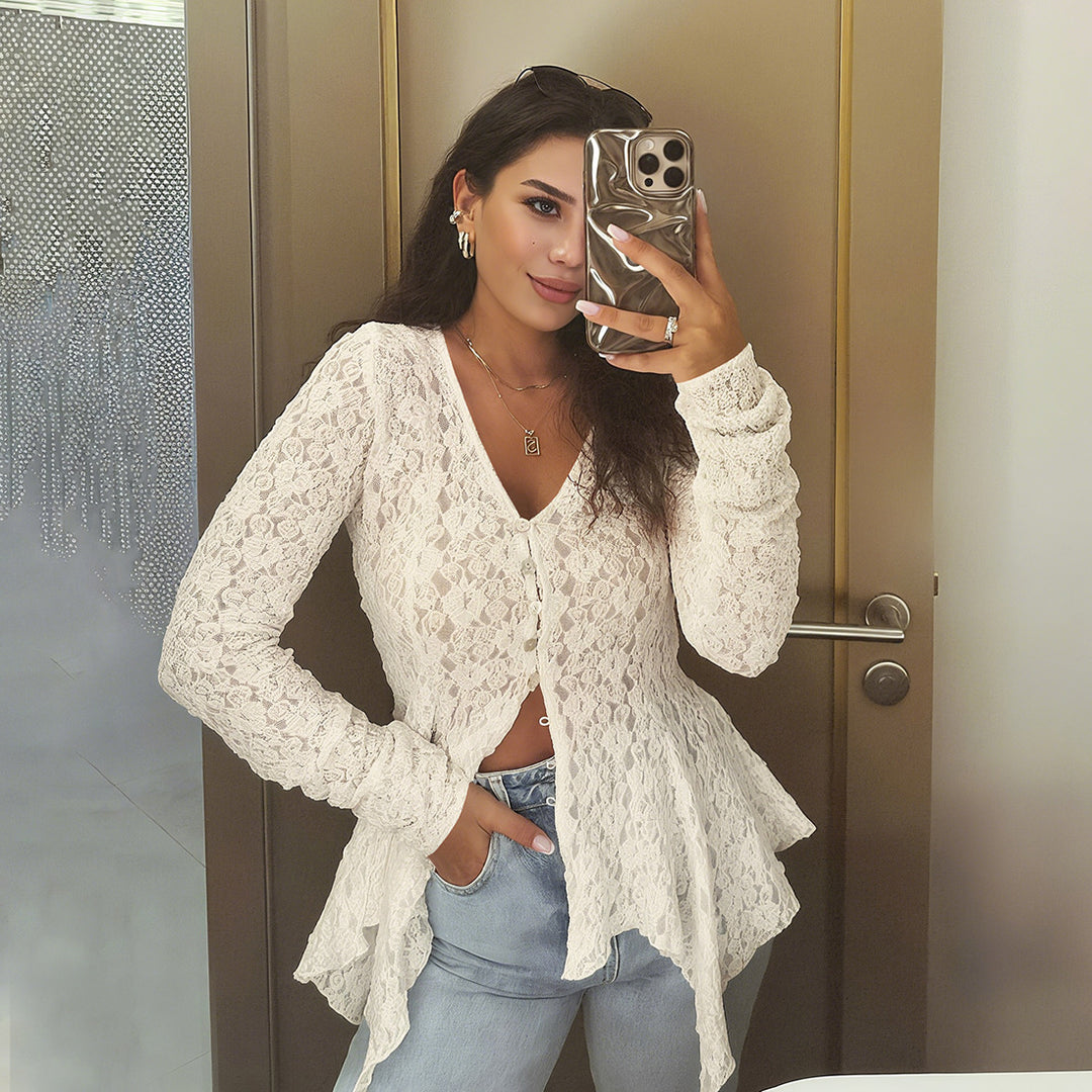 Women elegant transparent top with lace and asymmetric cut Lune London
