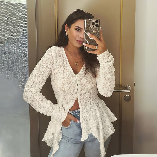 Women elegant transparent top with lace and asymmetric cut Amarae