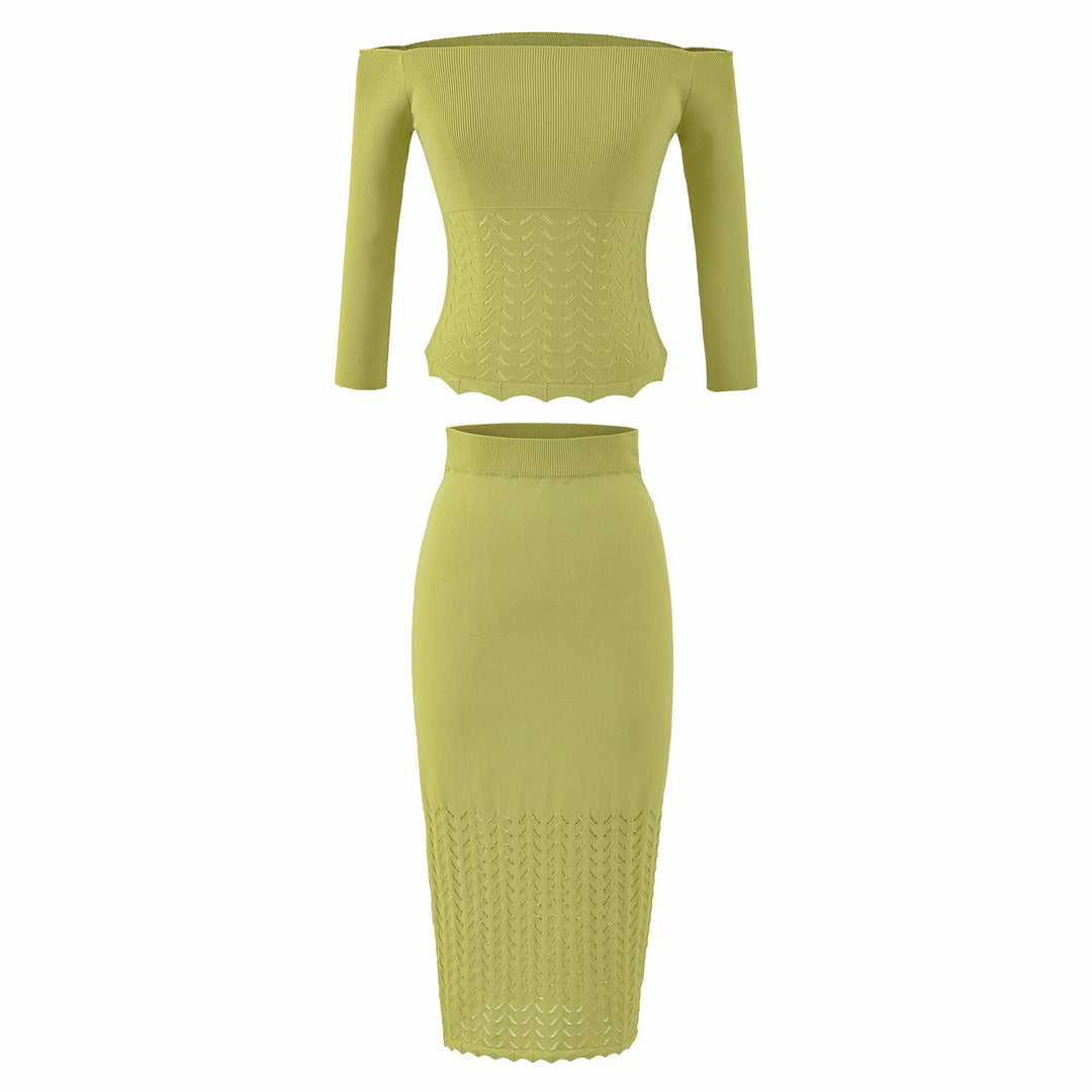 Women's Two-Piece Knit Set with off-the-shoulder Neckline and Bodycon Pencil Skirt Amarae