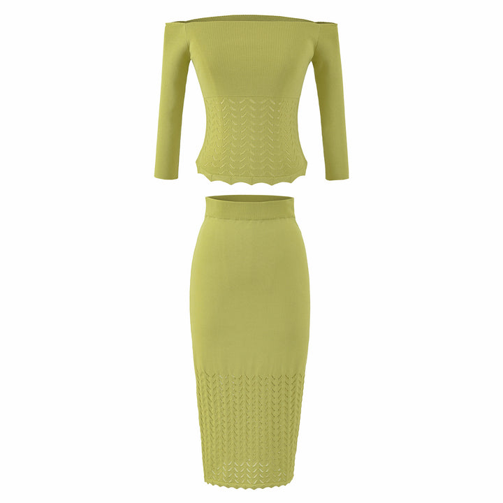 Women's Two-Piece Knit Set with off-the-shoulder Neckline and Bodycon Pencil Skirt Amarae
