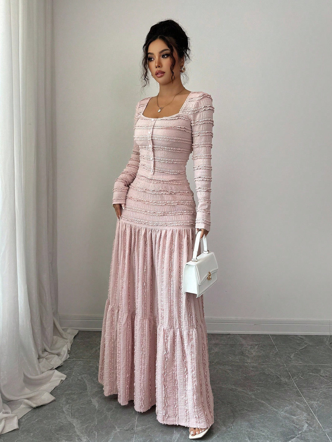 Women's Figure-Hugging Ruffle Maxi Dress with Square Neckline and Button Placket Amarae