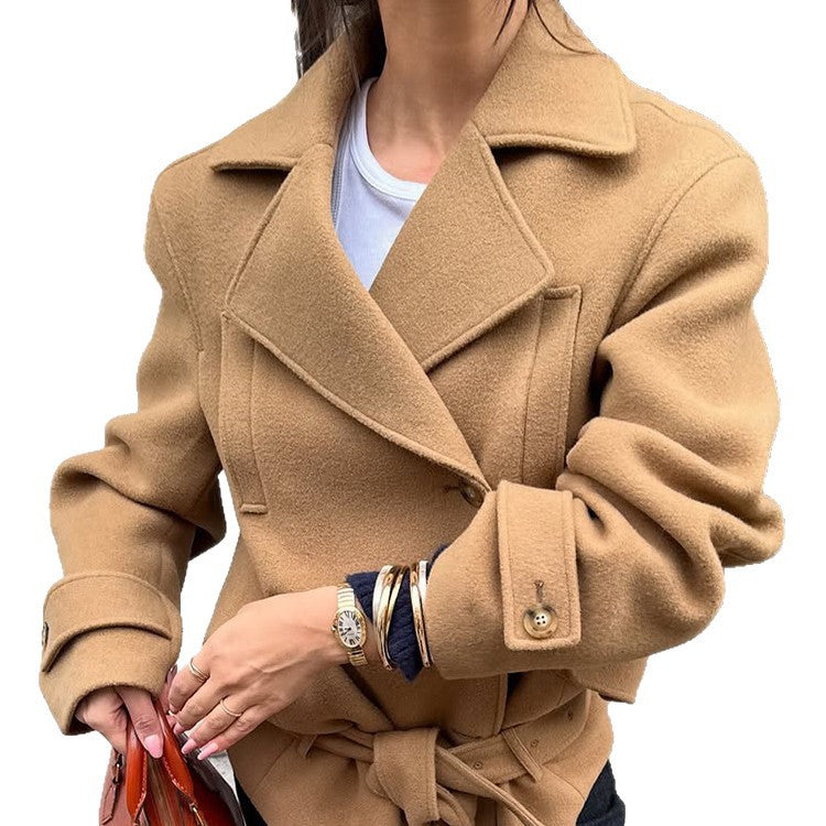 Women Tailored Wool Blend Short Coat with Tie Belt, Wide Lapels and Button Cuffs Amarae