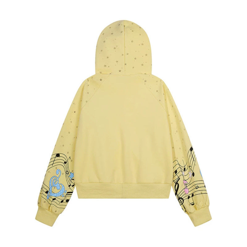 Women's Hooded Sweat Jacket with Front Zipper, Musical Print and Star Design Amarae