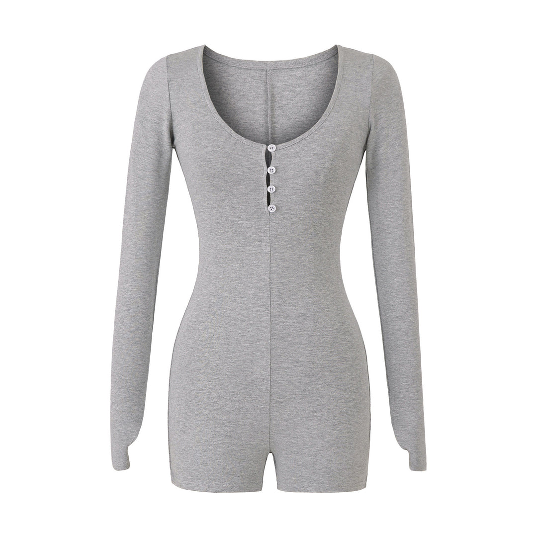 Women Fitted Long Sleeve Bodysuit with Button Placket and Short Shorts Amarae