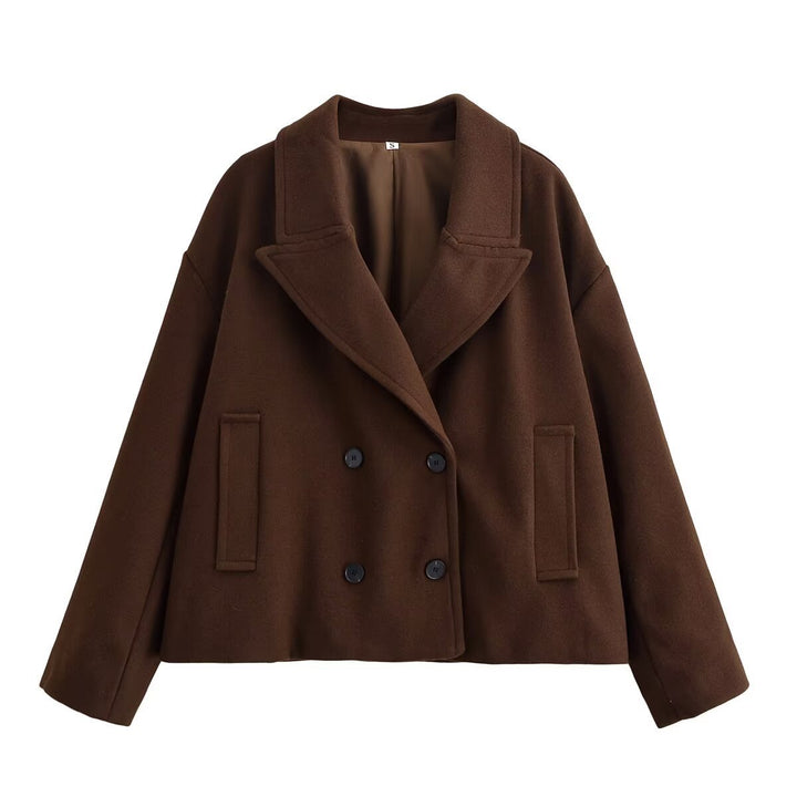 Women's Short Cut Double-Breasted Wool Blend Coat with Oversized Lapel Amarae