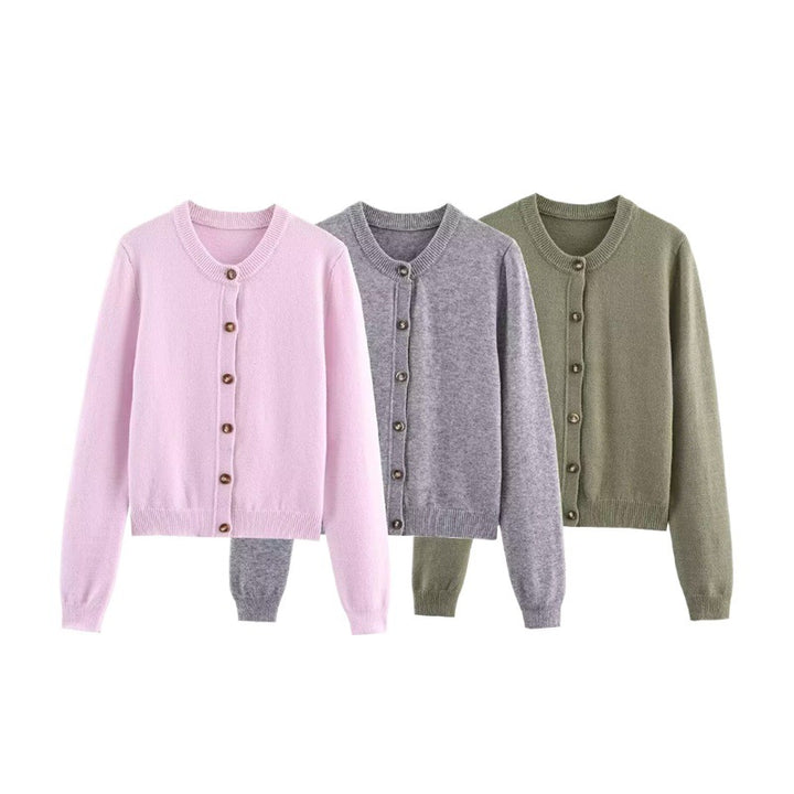 Women Elegant Knit Jacket with Button Closure and Round Collar Lune London
