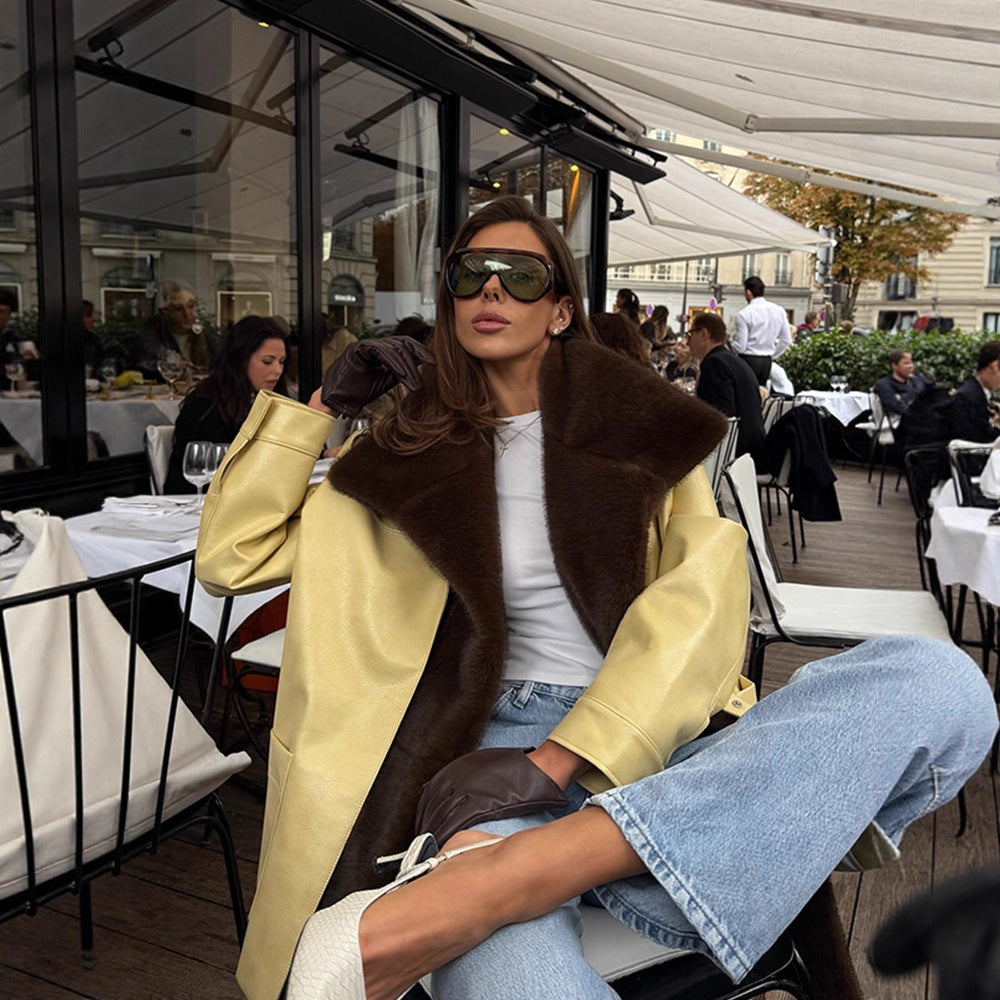 Women Elegant Oversize Coat made of Suede Look with Voluminous Faux Fur Shawl Collar Amarae