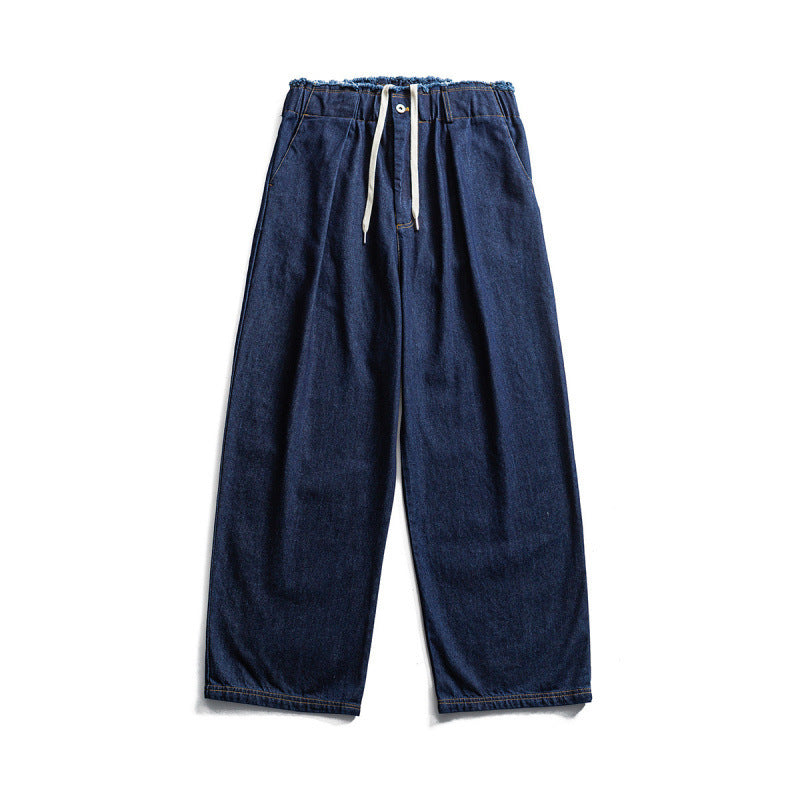 Unisex Wide Denim Pants with Elastic Waistband, Drawstring and Pleated Amarae
