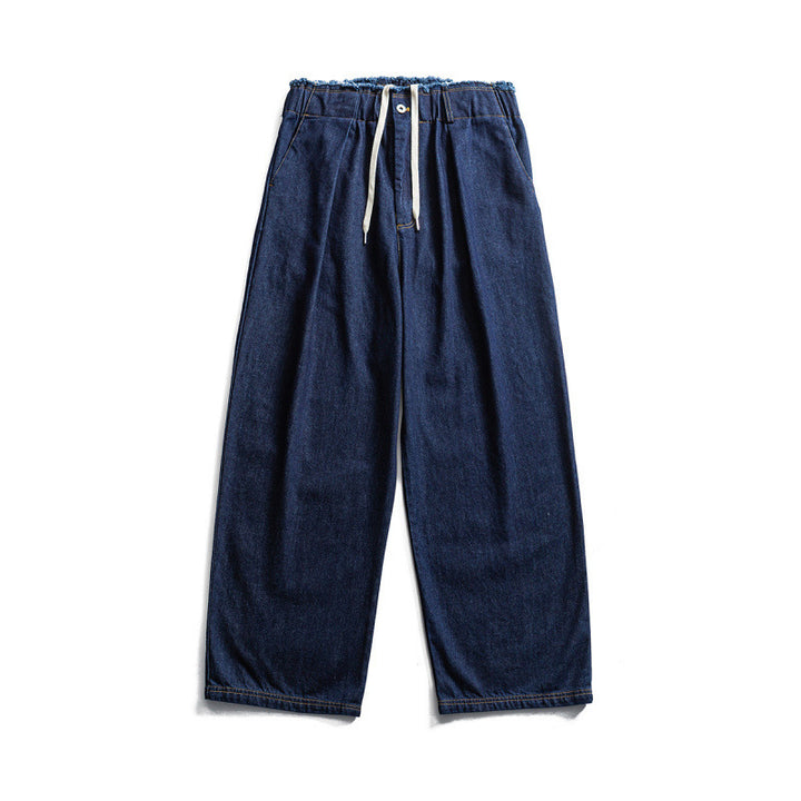 Unisex Wide Denim Pants with Elastic Waistband, Drawstring and Pleated Amarae