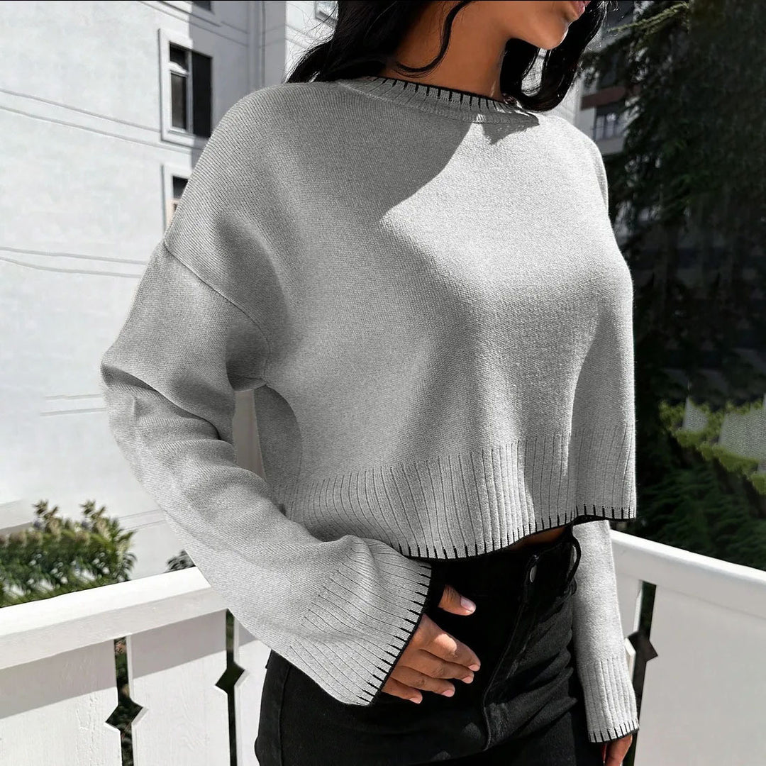 Cropped knitted sweater for women with wide hem and decorative detail Lune London