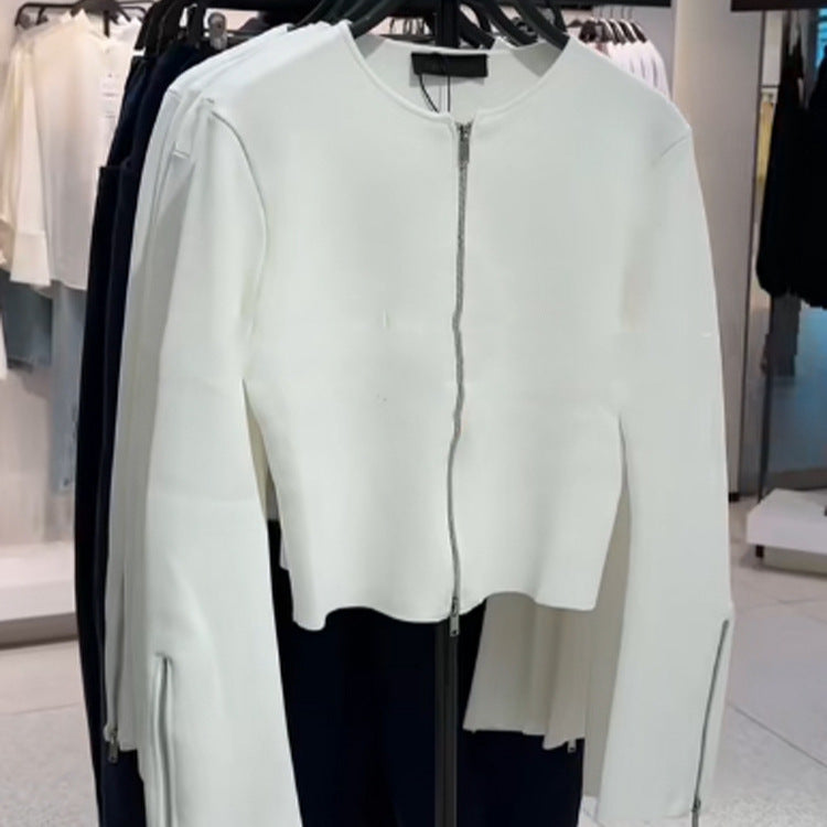 Ladies Tailored Cropped Cardigan with Full Metal Zipper and Extended Cuff Zippers Amarae