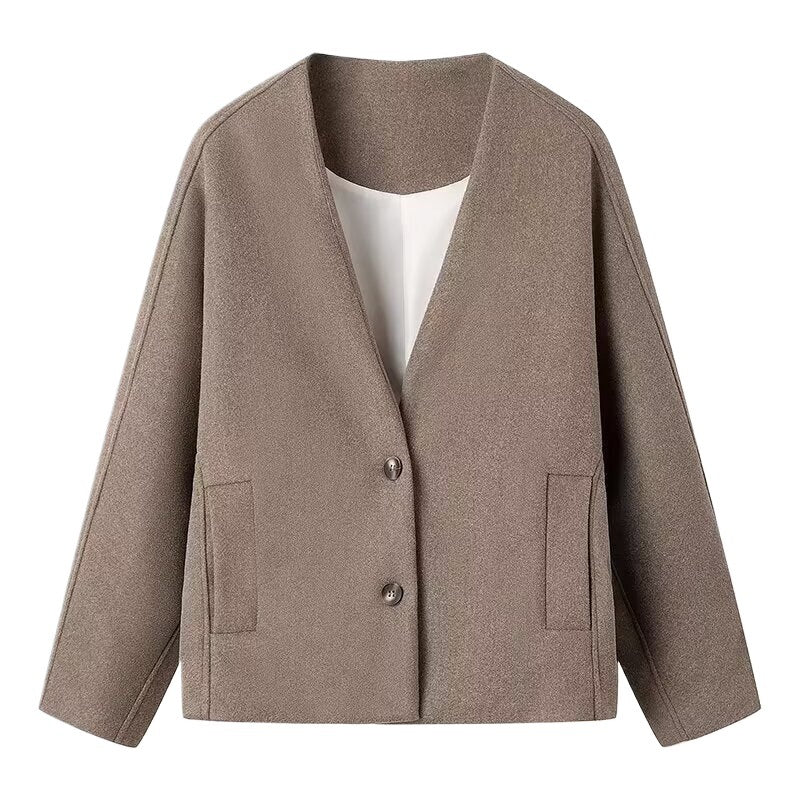 Elegant long-sleeve women's jacket with V-neck and simple button detail Lune London