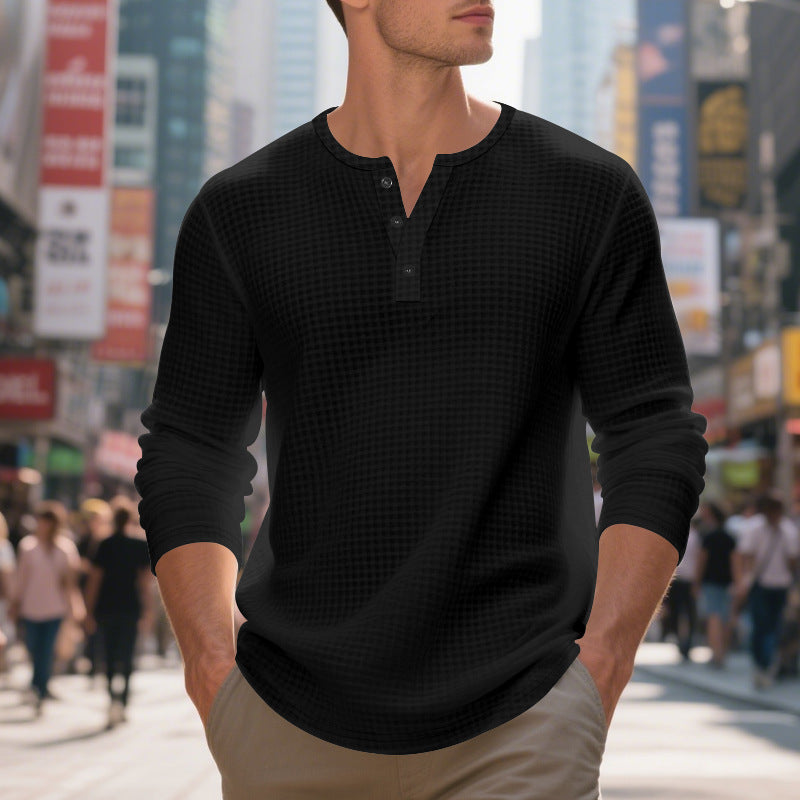 Casual long sleeve Henley T-shirt for men with textured design Lune London