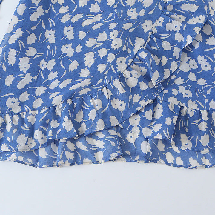 Women's Floral Chiffon Wrap Dress with Shoulder Ruffles and Belted Waist Amarae