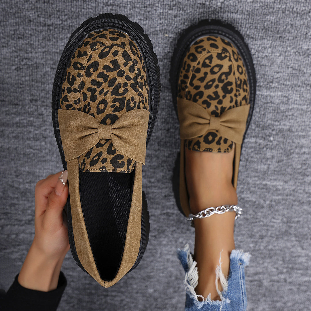 Women's Chunky Loafer with Decorative Knot Bow and Leopard Tip Amarae