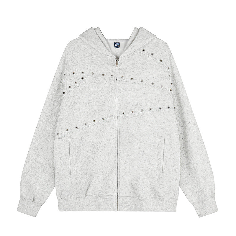 Women's oversized hoodie sweatshirt jacket in used look with stud decoration and full-length zipper Amarae