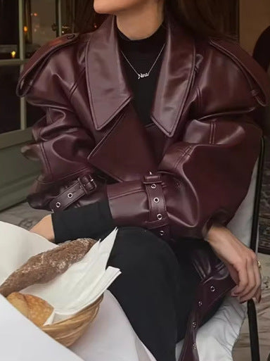 Ladies trendy oversized leather jacket with structured shoulders and waist belt Lune London