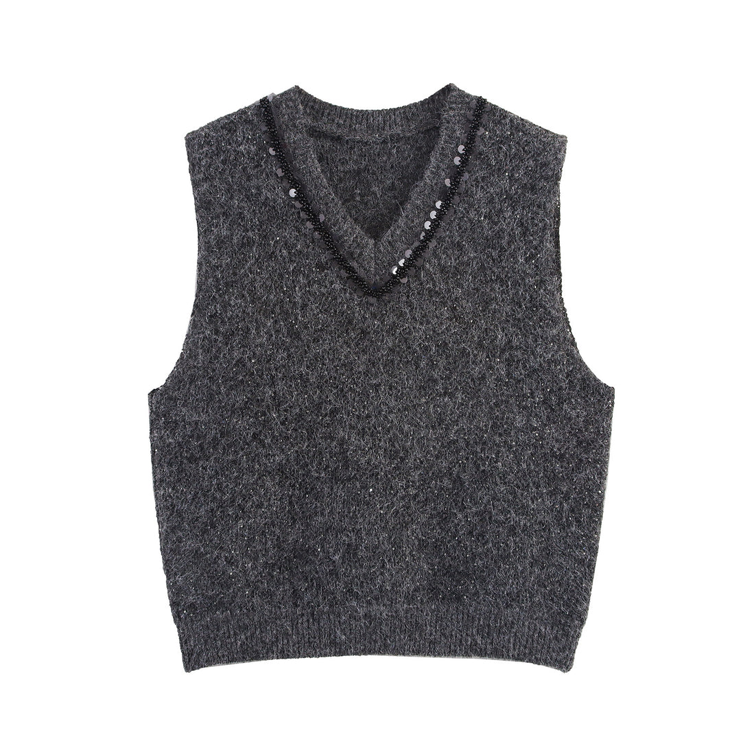 Women's Sleeveless Mohair-Look Knitted Vest with V-Neck and Decorative Sequins Amarae