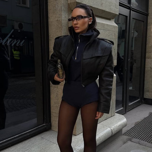 Women Short Vegan Leather Jacket with Distinctive Shoulder Structure and Cropped Cut Amarae