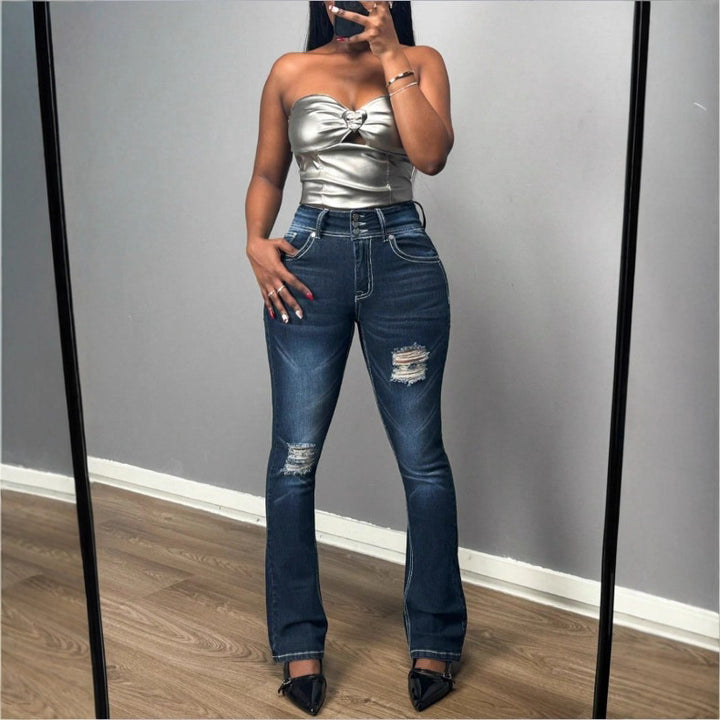 Women's Shaping High-Waist Bootcut Jeans with Triple Button Placket and Subtle Destroyed Look Amarae