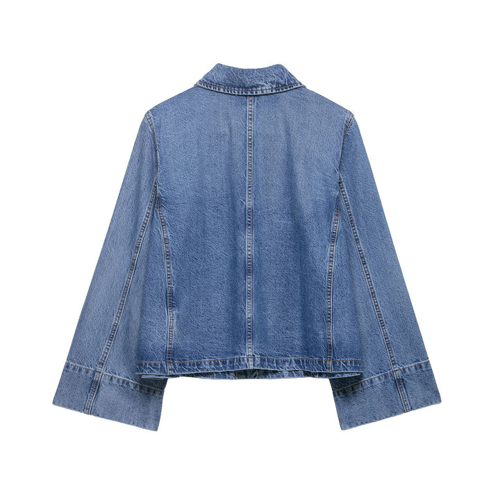 Women's Cropped Oversized Denim Jacket with Large Patch Pockets and Visible Button Placket Amarae