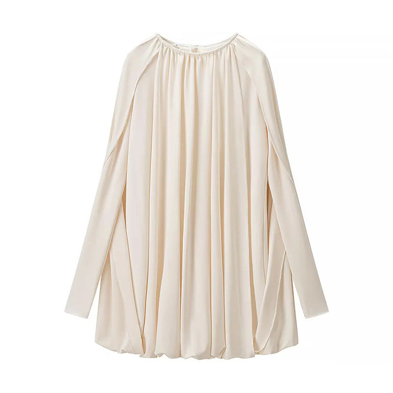 Women Pleated Cape Mini Dress with Round Neckline and Wide Cape Sleeves Amarae
