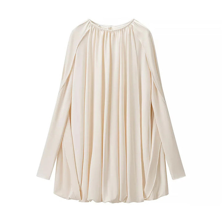 Women Pleated Cape Mini Dress with Round Neckline and Wide Cape Sleeves Amarae