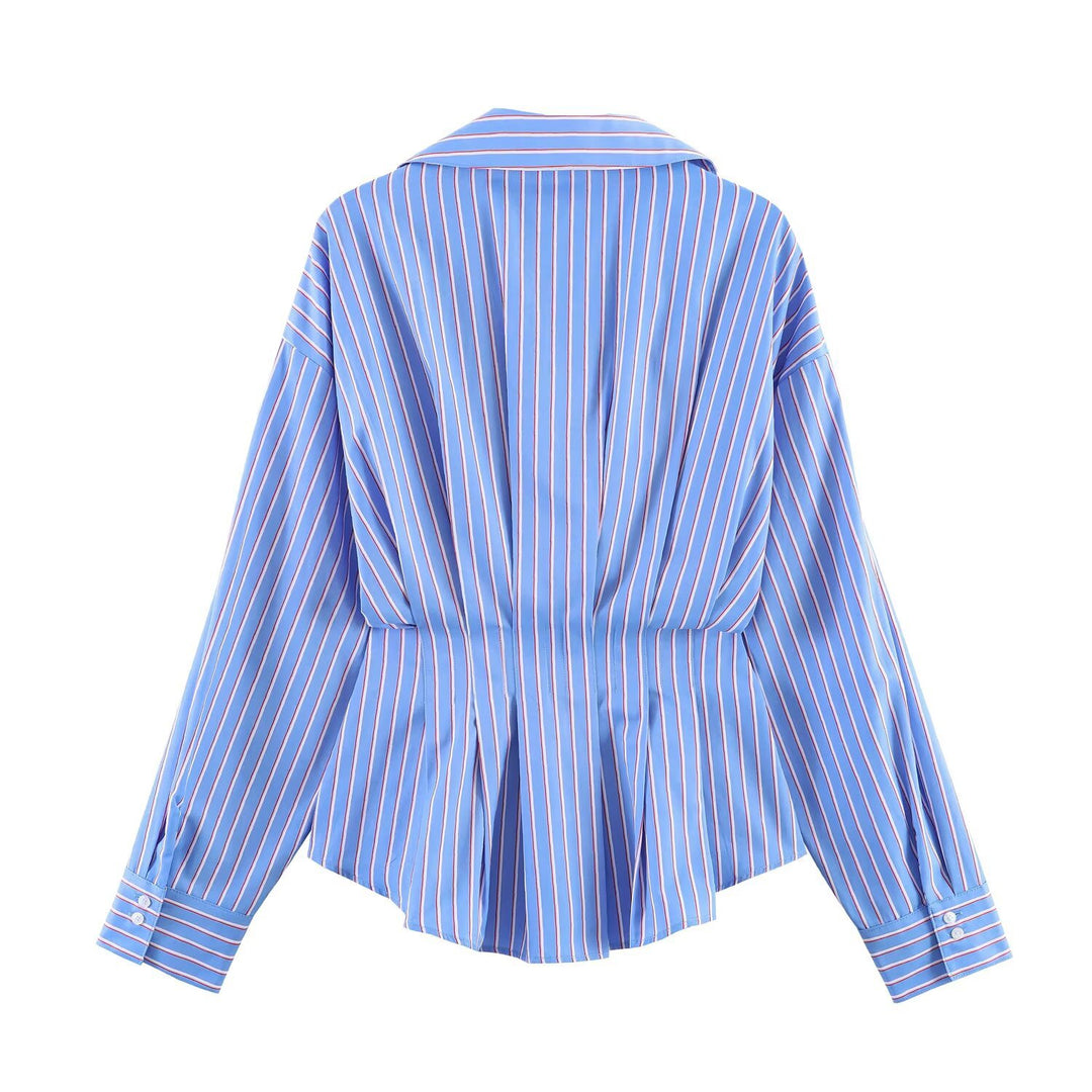 Women Striped Oversized Blouse with Tailoring Gatherings and Shirt Collar Amarae