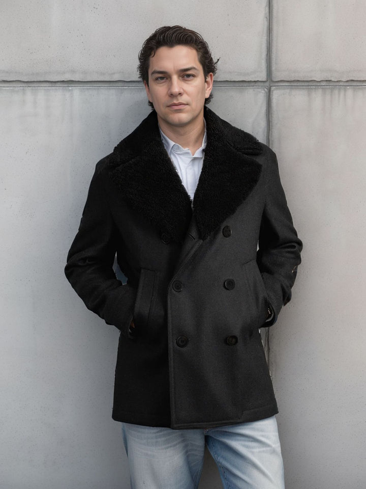 Double-breasted wool coat for men with faux fur collar Amarae