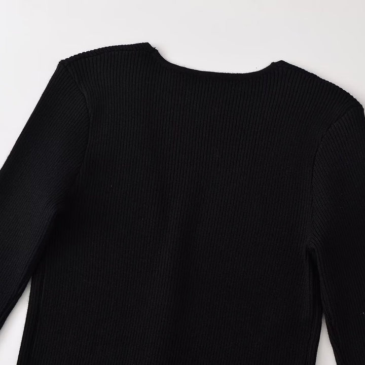 Women's Ribbed Button Cardigan with Deep V-Neck and Wavy Hem Amarae