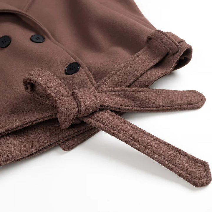 Elegant woman's short coat with double-breasted buttons and waist belt Lune London