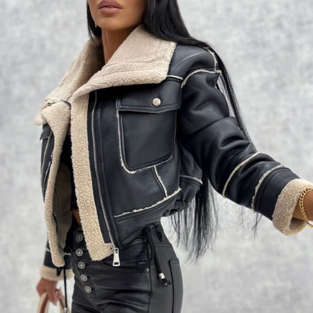 Cropped synthetic leather jacket for women with Teddy fur lining Amarae