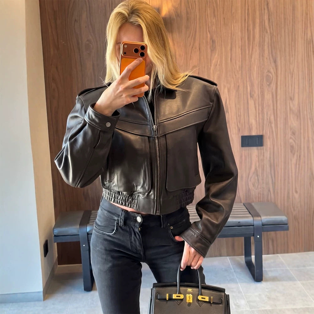Women's short-cut leather jacket with elastic hem and patch chest pockets Amarae