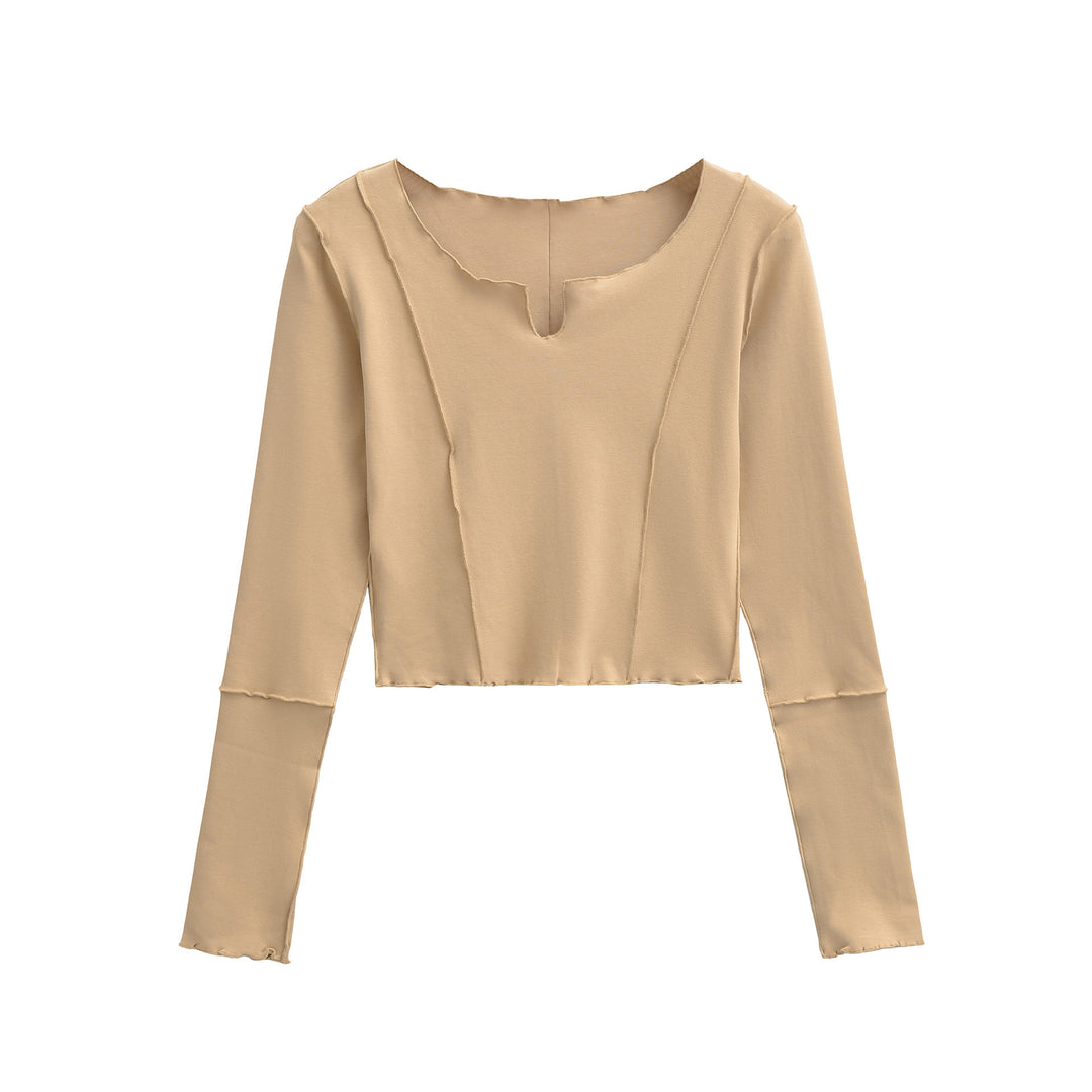 Women's Short Sleeve Long Sleeve Shirt with Visible Rolled Seams and Slit Collar Amarae