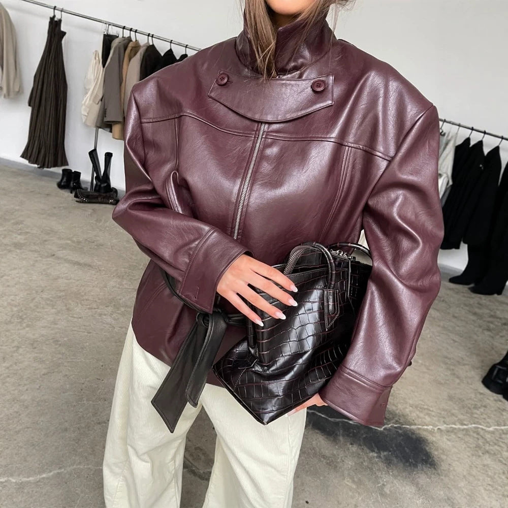 Women's Boxy Faux Leather Jacket with High Stand Collar, Front Zip and Waist Belt Amarae