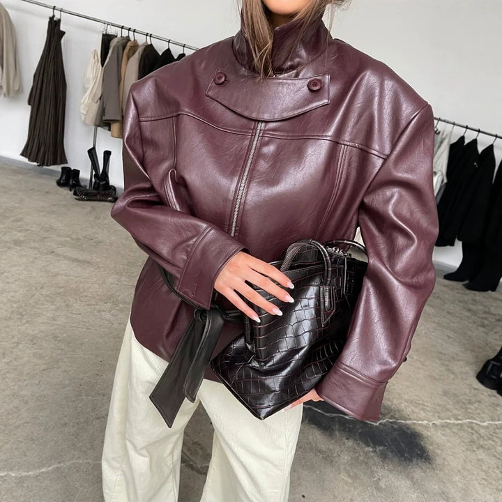 Women's Boxy Faux Leather Jacket with High Stand Collar, Front Zip and Waist Belt Amarae