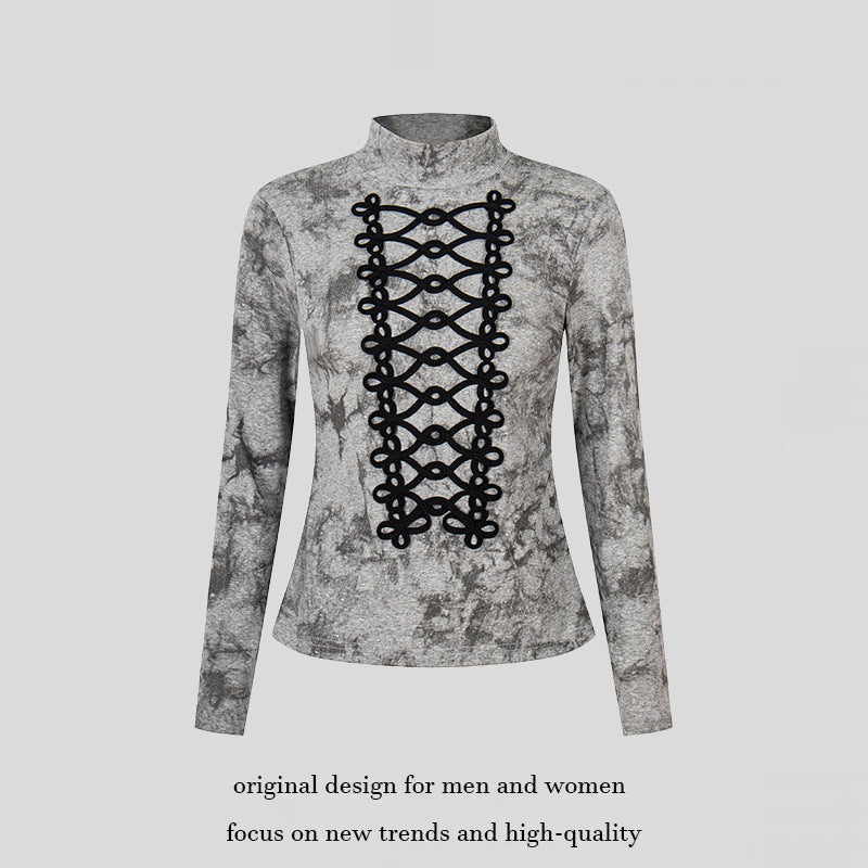 Women's long sleeve shirt with stand-up collar and decorative cord appliqué Amarae