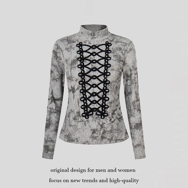 Women's long sleeve shirt with stand-up collar and decorative cord appliqué Amarae