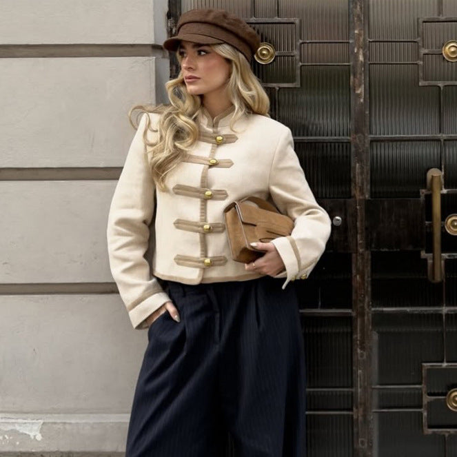 Women Short Military Inspired Jacket with Stand Collar and Decorative Button Placket Amarae