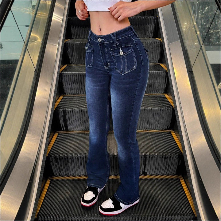 Women's High-Waisted Stretch Jeans with Light Flare and Decorative Pockets Amarae