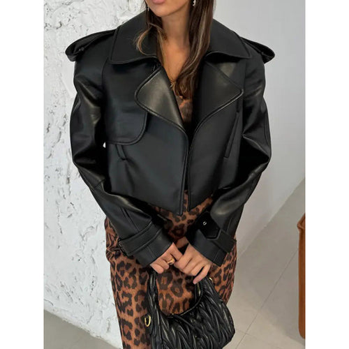 Short synthetic leather biker jacket for women with structured details Amarae