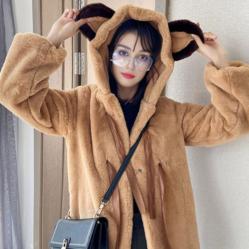 Ladies Cozy Faux Fur Jacket with Hood and Bow Details Amarae