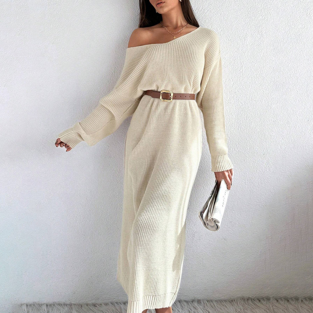Casual knitted dress for women with an asymmetric cut and an elegant belt Lune London