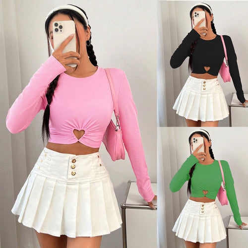 Women's T-Shirt with Short Long Sleeves and Heart Shaped Neckline with Elegant Gathering Chic & Stylish