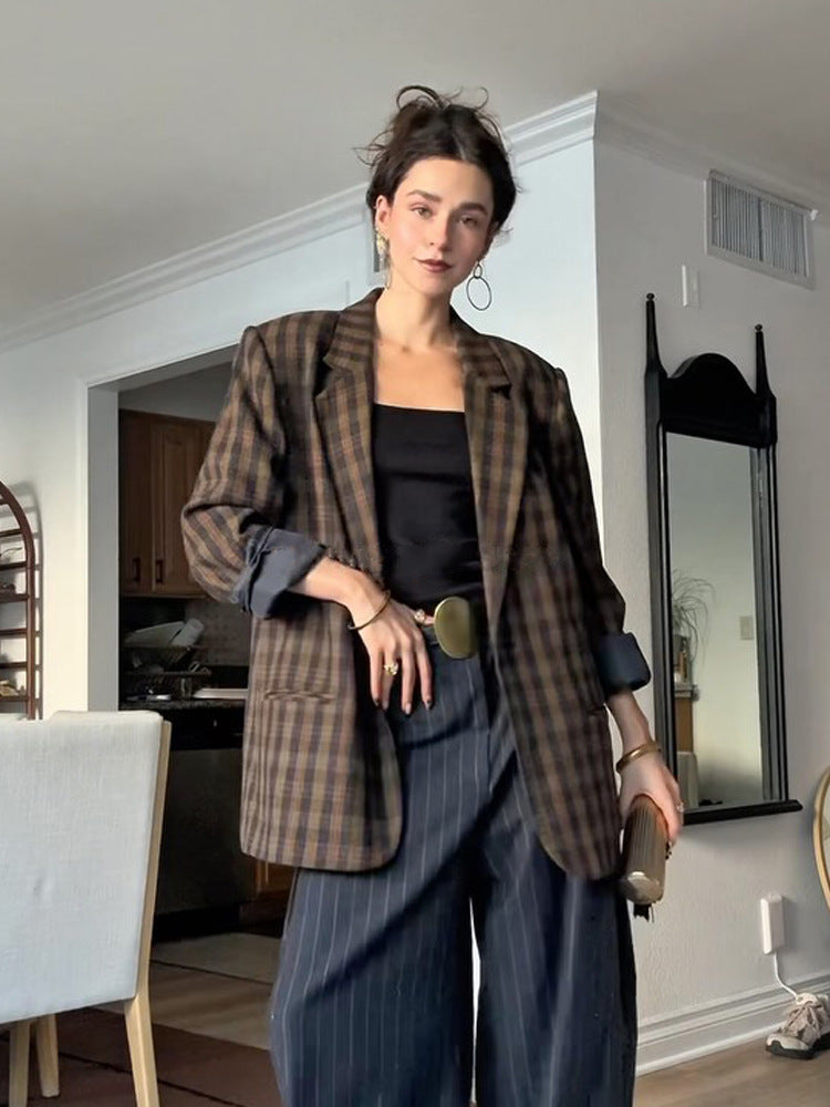 Women’s oversized check blazer with boxy silhouette and dropped shoulders Amarae