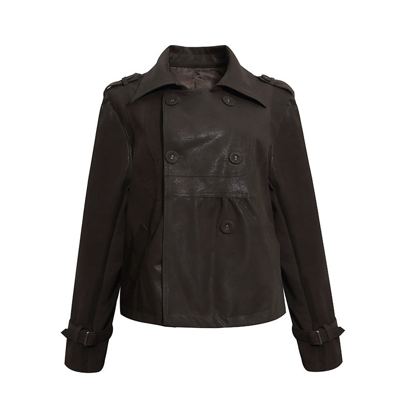 Women's Cropped Double-Breasted Leather Jacket in Trench Style with Epaulettes Amarae