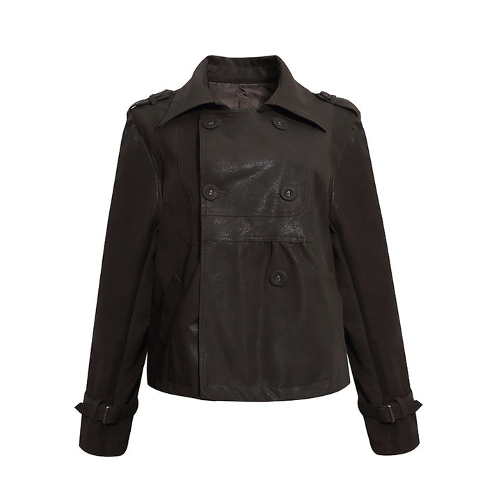 Women's Cropped Double-Breasted Leather Jacket in Trench Style with Epaulettes Amarae
