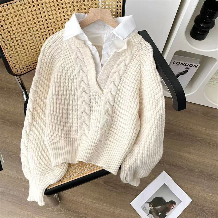 Pull en tricot épais pour femmes avec col en V et look fil Chic & Stil
