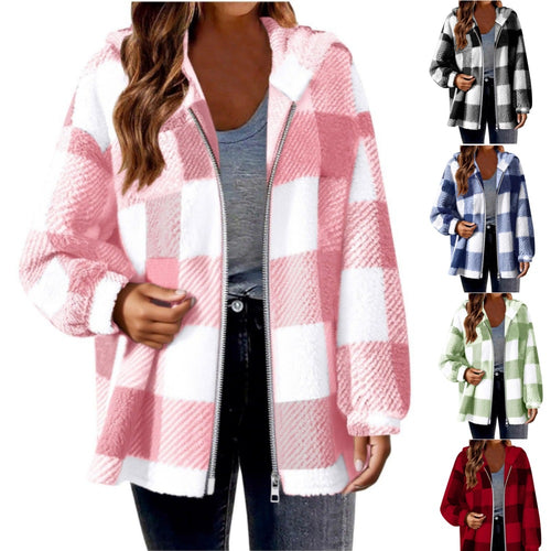 Fleece jacket for women with plaid pattern and hood Amarae