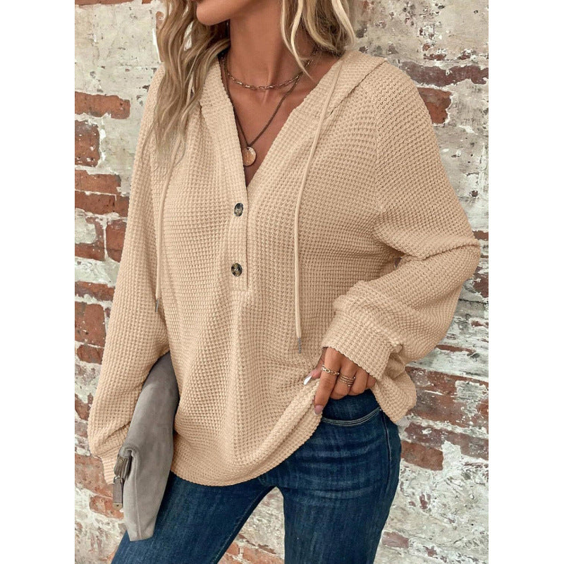 Women Waffle Knit Hoodie with Henley Button Placket and Oversized Cut Amarae